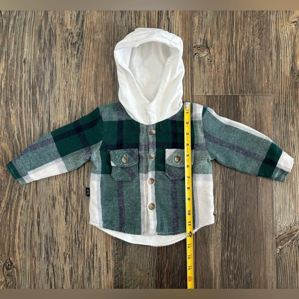 OLIVE+SCOUT Boys 6-12 Months Timber Shacket Green Plaid Hooded Flannel Jacket